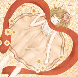  album_cover animal_ears antlers blush brown_hair circle_skirt closed_eyes commentary_request cover deer_ears dress female flower from_above hair_ornament horns indie_utaite kano_(utaite) lying mizutamako on_back open_mouth scarf short_hair sleeping sleeveless sleeveless_dress solo utaite 