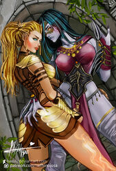  2girls armor black_hair black_legwear black_nails blade blonde_hair bracer colored_skin commentary_request eyeshadow faulds fingerless_gloves gauntlets gloves gold_armor green_eyes hand_on_own_ass killer_instinct_(2013) killer_instinct_(series) long_hair looking_at_another makeup maya_fallegeros multiple_girls nail_polish neftali_hinojosa pauldrons photoshop_(medium) purple_skin sadira shoulder_armor thighhighs watermark web_address yellow_eyes yuri 