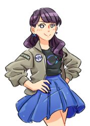  a~chan blue_skirt blush brown_jacket commentary_request earrings eggloaf female highres jacket jewelry long_hair long_sleeves looking_to_the_side perfume_(band) pleated_skirt purple_eyes purple_hair skirt smile solo star-shaped_pupils star_(symbol) symbol-shaped_pupils 