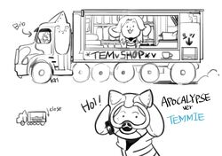  alternate_universe apocalypse_au_(undertale) bob_(undertale) canid canine clothed clothing gas_mask hi_res kkhoppang mammal mask supplies tem temmie_(undertale) truck_(vehicle) undertale undertale_(series) vehicle 