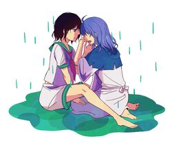  2girls ahoge aqua_eyes ascot bad_feet bad_id bad_pixiv_id barefoot black_hair crying dress hair_over_eyes hood hood_down kumoi_ichirin light_purple_hair multiple_girls murasa_minamitsu no_headwear rain sailor_dress seiza sitting tears touhou yuri yuzuki_(rinka01) 