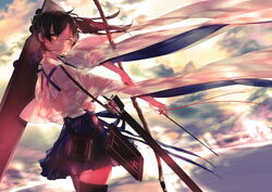  arrow_(projectile) black_thighhighs blush bow_(weapon) brown_eyes brown_hair commentary_request female from_behind hakama hakama_short_skirt hakama_skirt highres japanese_clothes kaga_(kancolle) kantai_collection leung_ka_che long_hair looking_at_viewer looking_back muneate side_ponytail skirt solo tasuki thighhighs weapon wide_sleeves wind 