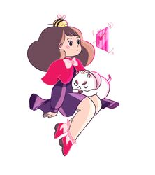  :&lt; animal animal_on_head arm_support artist_name bee bee_(bee_and_puppycat) bee_and_puppycat bow brown_hair bug capelet closed_eyes closed_mouth commentary_request dress envelope female long_hair natasha_allegri on_head puppycat simple_background sitting v-shaped_eyebrows white_background 