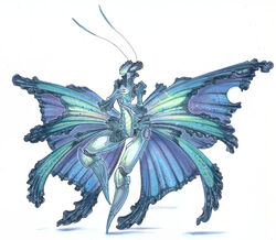  2016 ambiguous_gender antennae_(anatomy) anthro arthropod blue_background blue_body blue_morpho butterfly compound_eyes drachenmagier insect_wings insects lepidopteran simple_background solo wings 