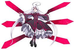  ahoge bad_id bad_pixiv_id black_legwear bow dress expressionless female forehead_jewel frilled_dress frills full_body hair_ornament hair_tubes huge_ahoge jerun long_hair neon_trim outstretched_arms pantyhose platform_footwear red_eyes twintails under_night_in-birth vatista_(under_night_in-birth) very_long_hair white_hair wide_sleeves wings 