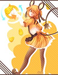  animal_ears arrow_(symbol) bad_id bad_pixiv_id bow dedenne female food fruit hair_ribbon mary_janes midriff nail_polish one_eye_closed orange_hair orange_skirt pantyhose personification pokemon ribbon shikkoku_neko shoes skirt solo striped tail tongue tongue_out 