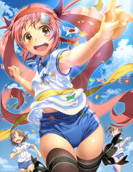  &gt;_&lt; 3girls :d american_flag armpit_peek armpits bad_id bad_pixiv_id belgian_flag brazilian_flag brown_hair buruma canadian_flag clenched_hand clenched_hands closed_eyes cloud confetti d: danish_flag day finish_line flag flags_of_all_nations foreshortening french_flag german_flag gym_uniform hair_ribbon highres irish_flag israeli_flag japanese_flag leg_ribbon lens_flare long_hair multiple_girls open_mouth original outdoors painttool_sai_(medium) pairan philippine_flag pink_hair ponytail purple_hair ribbon running short_sleeves sky smile sparkle sports_festival string_of_flags swedish_flag swiss_flag thai_flag thigh_gap thigh_ribbon thighhighs twintails union_jack yellow_eyes 