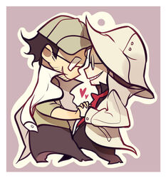  2boys alto_clef bad_id bad_pixiv_id baseball_cap black_hair brown_hair chibi coat couple eye_contact face-to-face facial_hair glasses grin hat heart holding_hands interlocked_fingers jotman kondraki looking_at_another male_focus multiple_boys necktie parted_lips scp_foundation sharp_teeth smile standing teeth yaoi 