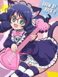  animal_ears awa bell blue_hair blush cat_ears cat_girl cat_tail cyan_(show_by_rock!!) female guitar heart_guitar instrument long_hair looking_at_viewer show_by_rock!! smile strawberry_heart_(show_by_rock!!) striped_clothes striped_thighhighs tail thighhighs zettai_ryouiki 