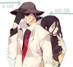  1boy alto_clef arrow_(symbol) bad_id bad_pixiv_id black_hair blue_eyes brown_hair character_name coat couple female gloves grin hat_over_eyes headset height_difference jotman lips long_hair necktie open_mouth parted_lips popped_collar scp-336 scp_foundation sharp_teeth smile straight teeth 