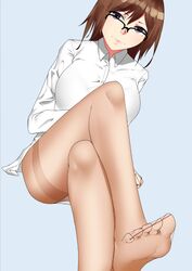  breasts brown_hair dagashi_kashi dress_shirt feet female glasses large_breasts legs_crossed looking_at_viewer owari_hajime pantyhose pov pov_feet purple_eyes sitting soles toes 