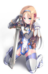  armor armored_boots blush boots braid breasts brown_hair chipped_sword commentary_request earrings elbow_gloves elf female flower frown full_body gloves greaves green_eyes hair_flower hair_ornament hairband highres jewelry kneeling knight kudou_maimu long_hair looking_at_viewer medium_breasts original pauldrons pendant pointy_ears pouch shoulder_armor simple_background solo sword tears thighhighs torn_clothes weapon white_background zettai_ryouiki 