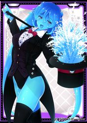  bad_id bad_pixiv_id black_thighhighs blue_hair blue_skin bow bowtie coattails colored_skin daibouken!_yukeyuke_osawari_island female formal from_hat_trick hat komimiyako long_hair magic_trick magician monster_girl official_art open_mouth purple_eyes slime_girl solo standing thighhighs thighs top_hat traditional_bowtie tuxedo twintails unworn_hat unworn_headwear wand water watermark 