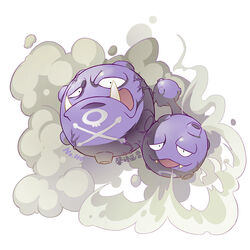  artist_name commentary fangs looking_at_viewer no_humans photoshop_(medium) pokemon pokemon_(creature) smoke solo weezing white_background xin_yu_hua_yin 