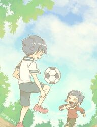  2boys bad_id bad_pixiv_id ball blue_hair brothers cloud commentary_request day dutch_angle inazuma_eleven_(series) inazuma_eleven_go male_focus multiple_boys open_mouth outdoors running siblings sky soccer_ball telstar ticktack_chicken tree tsurugi_kyousuke tsurugi_yuuichi 