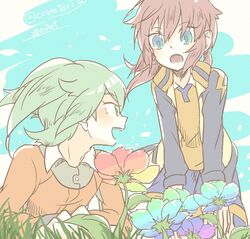  2boys bad_id bad_pixiv_id blue_eyes commentary_request fei_rune flower grass green_eyes green_hair inazuma_eleven_(series) inazuma_eleven_go jacket kirino_ranmaru long_hair male_focus multiple_boys open_clothes open_jacket open_mouth outdoors pink_hair raimon raimon_soccer_uniform soccer_uniform sportswear ticktack_chicken track_jacket twintails twitter_username 