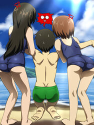  1boy 2girls anger_vein ass awa barefoot beach black_hair brown_hair day from_behind glasses kanzaki_miki kneeling multiple_girls ocean one-piece_swimsuit onoda_sakamichi outdoors school_swimsuit short_hair swimsuit tachibana_aya yowamushi_pedal 