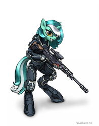  2013 absurd_res anthro anthrofied armor clothing equid equine female friendship_is_magic green_hair gun hair hasbro hi_res horn looking_at_viewer lyra_heartstrings_(mlp) mammal multicolored_hair my_little_pony mythological_creature mythological_equine mythology ranged_weapon rifle science_fiction simple_background sniper_rifle solo standing suit two_tone_hair unicorn vombavr weapon white_background white_hair yellow_eyes 