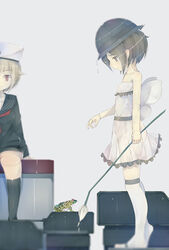  2girls bad_id bad_pixiv_id black_hat brown_eyes brown_hair cer_(cerber) dress expressionless frilled_dress frills frog from_side full_body grey_background hat heel_up hibiki_(warship_girls_r) holding kneehighs looking_at_viewer looking_down minekaze_(warship_girls_r) multiple_girls outstretched_hand photoshop_(medium) pleated_dress profile see-through short_hair sitting sitting_on_object sleeveless sleeveless_dress slippers socks solo_focus stalk standing staring strapless strapless_dress verniy_(warship_girls_r) warship_girls_r water_drop white_dress white_legwear wing_ornament 