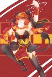  arm_up bad_id bad_pixiv_id bow breasts cleavage clenched_hand double_bun eating emboar female fiery_wings fire food hair_bun hairbow large_breasts looking_at_viewer mouth_hold orange_hair personification pokemon pokemon_wings punching red_background red_bow red_eyes sandals shikkoku_neko simple_background solo tabard tail thighhighs wings 