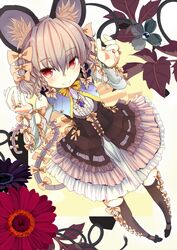  animal_ears arm_ribbon black_dress braid capelet commentary_request dress embellished_costume female flower foreshortening from_above grey_dress grey_hair grey_thighhighs hair_ribbon highres ishikkoro jewelry layered_dress leg_ribbon long_sleeves mouse_ears mouse_tail multi-tied_hair nazrin pendant pigeon-toed pink_eyes ribbon smile solo tail tail_ornament tail_ribbon thighhighs too_many_ribbons touhou twin_braids white_dress zettai_ryouiki 