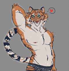  anthro bottomwear clothing countershading disney felid green_eyes grey_background half-length_portrait heart_symbol hi_res male mammal muscular muscular_anthro muscular_male pantherine portrait shorts simple_background solo speech_bubble stripes svipsphynx tiger tiger_dancer_(zootopia) underwear zootopia zootopia_shorts 