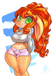  anthro aria_(machotacoman) bottomwear bra clothed clothing crop_top female freckles fur green_eyes hair hands_behind_back hands_together lagomorph leporid long_hair looking_at_viewer mammal orange_hair ponytail rabbit shirt shorts signature sky skyscape smile solo standing tan_body tan_fur thefuckingdevil thick_thighs topwear underwear wide_hips 