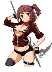  :&lt; bikini bikini_top_only black_eyes breasts brown_hair caee_penguin commentary_request female fingerless_gloves gloves granado_espada groin highres jacket large_breasts navel photoshop_(medium) scrunchie side_ponytail single_thighhigh solo striped_bikini striped_clothes swimsuit thighhighs track_jacket underboob unzipped weapon 