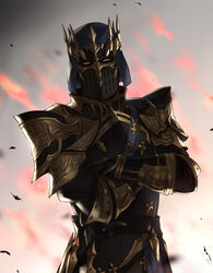  1other ambiguous_gender armor breastplate brown_eyes commentary_request crossed_arms final_fantasy final_fantasy_xiv fire fray_myste full_armor gauntlets gold_trim helm helmet highres houtengeki looking_at_viewer pauldrons sash shoulder_armor simple_background solo spiked_helmet standing upper_body 