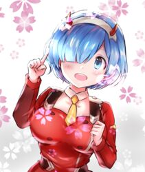  :d alternate_costume bad_id bad_pixiv_id blue_eyes blue_hair breasts commentary cosplay darling_in_the_franxx detached_collar female hair_over_one_eye hairband horns index_finger_raised looking_at_viewer melings_(aot2846) necktie open_mouth pointing re:zero_kara_hajimeru_isekai_seikatsu rem_(re:zero) short_hair smile solo zero_two_(darling_in_the_franxx) zero_two_(darling_in_the_franxx)_(cosplay) 