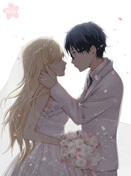  1boy arima_kousei beamed_eighth_notes black_hair blonde_hair bouquet bridal_veil bride commentary_request crying dress eighth_note female flower formal glasses hair_over_eyes hand_on_another&#039;s_face highres long_hair looking_at_another miyazono_kawori musical_note necktie petals photoshop_(medium) quarter_note red_lips sanaa see-through shigatsu_wa_kimi_no_uso straight suit tears tiara veil wedding_dress white_background white_dress white_suit 