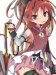  bare_shoulders black_thighhighs chains commentary_request female food hair_ribbon karaage_(torikkk) long_hair looking_at_viewer mahou_shoujo_madoka_magica mahou_shoujo_madoka_magica_(anime) mouth_hold pocky polearm ponytail red_eyes red_hair ribbon sakura_kyoko sakura_kyoko_(magical_girl) skirt solo spear thighhighs weapon zettai_ryouiki 