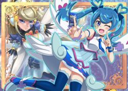  2girls blonde_hair blue_angel_(yu-gi-oh!) blue_hair card commentary_request dorumam duel_monster earrings facial_tattoo jewelry multiple_girls tattoo thighhighs trickstar_holly_angel twintails wand wings yu-gi-oh! yu-gi-oh!_vrains zaizen_aoi 