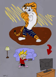  better_version_at_source bottomwear calvin_(calvin_and_hobbes) calvin_and_hobbes clothed clothing countershading crossover disney electronics felid furniture grey_background hi_res hobbes human lamp male mammal muscular pantherine shorts simple_background sofa source_request stripes television tiger tiger_dancer_(zootopia) unknown_artist zootopia zootopia_shorts 