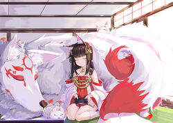  animal_ears azur_lane black_hair closed_eyes commentary_request controller detached_sleeves dress female fox fox_ears hair_ornament highres japanese_clothes kneehighs kneeling knees_together_feet_apart long_hair multiple_tails nagato_(azur_lane) playstation_controller red_dress shijiuqaq sitting sleeping socks sunlight tail tatami white_socks 