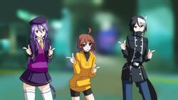  2girls ahoge alternate_costume bad_id bad_pixiv_id banned_artist beret bike_shorts black_eyes black_hair blurry braid brown_eyes brown_hair cropped_jacket depth_of_field eltnum finger_gun hat high_collar hood hoodie houkago_rojiura_doumei! linne long_hair melty_blood multicolored_hair multiple_girls necktie orange_shirt parody purple_eyes purple_hair seth_(under_night_in-birth) shirt short_hair single_braid sion_eltnam_atlasia skirt sweater thighhighs tsukihime two-tone_hair under_night_in-birth v-neck white_hair white_legwear yusano 