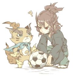  1boy ? abbreviated_karakusa bad_id bad_pixiv_id ball brown_eyes brown_hair commentary_request crossover frown furoshiki hakama hakama_skirt inazuma_eleven_(series) inazuma_eleven_go inazuma_eleven_go_chrono_stone japanese_clothes kimono sandals shindou_takuto shindou_takuto_(mixi_max_oda_nobunaga) simple_background skirt soccer_ball socks squatting standing telstar ticktack_chicken torajirou_(youkai_watch) traditional_youkai white_background youkai_(youkai_watch) youkai_watch zouri 