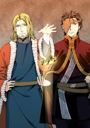  2boys arslan_senki beard blonde_hair blue_eyes burn_scar cape commentary_request crown earrings eyepatch facial_hair fur_trim ginkamen_kyou guiscard highres jewelry jowell_she multiple_boys scar 