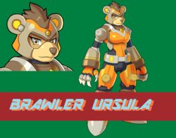  absurd_res anthro armor bear brawler_ursula brown_hair capcom claws fan_character female hair hi_res looking_at_viewer machine mammal mega_man_(series) mega_man_x_(series) robot solo text ultimatemaverickx 