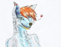  2016 anthro black_nose canid canine canis female fur green_eyes hair heart_symbol mammal orange_hair sellon smile solo wolf 