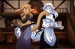  2017 aged_up alcohol anthro apron arm_tuft barmaid basitin beer beverage bite blue_eyes bottomwear breast_size_difference breasts brown_body brown_fur chest_tuft clothed clothing colored conditional_dnp container cup detailed_background dress duo elbow_tuft felid female female/female fireplace fluffy fluffy_tail fur glass heart_symbol hi_res holding_object inside keidran leopard looking_back madelyn_adelaide maeve_(twokinds) mammal markings nom pantherine skirt smile snow_leopard sound_effects spots spotted_body spotted_fur tail tail_bite tail_coil tail_fetish tail_in_mouth tail_nom tail_play tavern text tom_fischbach tray tuft twokinds url waiter white_body white_fur yellow_eyes 