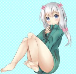  ankles aqua_background bangs barefoot blue_eyes blush bow feet female hairbow izumi_sagiri long_hair looking_at_viewer no_shoes patterned_background pink_bow polka_dot_background smile soles solo toes white_hair 