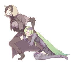  2girls :d armor black_legwear blonde_hair blush breasts brynhildr_(fate) clenched_teeth commentary_request dark_persona fate/grand_order fate/prototype fate/prototype:_fragments_of_blue_and_silver fate_(series) gauntlets greaves green_hair helmet high_heels highres hug jeanne_d&#039;arc_alter_(avenger)_(fate) jeanne_d&#039;arc_alter_(fate) large_breasts long_hair multiple_girls open_mouth pleated_skirt purple_eyes shao_(newton) short_hair skirt smile teeth yellow_eyes yuri 