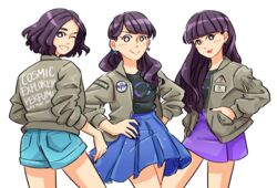  3girls absurdres ass a~chan black_nails black_shirt blue_shorts blue_skirt blush brown_jacket clenched_teeth commentary_request eggloaf grin hand_in_pocket hands_on_own_hips high-waist_skirt highres jacket kashiyuka long_hair long_sleeves looking_back looking_to_the_side multiple_girls nail_polish nocchi_(perfume) open_clothes open_jacket pencil_skirt perfume_(band) pleated_skirt pocket purple_hair purple_skirt radiation_symbol shirt short_hair shorts simple_background skirt sleeves_pushed_up smile star-shaped_pupils star_(symbol) symbol-shaped_pupils teeth white_background 