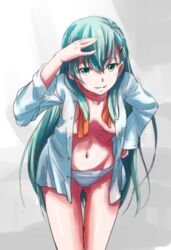  aqua_hair ass_visible_through_thighs blouse collarbone commentary_request female green_eyes grin groin hair_ornament hairclip hand_on_own_hip kantai_collection leaning_forward long_hair navel no_bra open_clothes open_shirt panties pi_(pnipippi) shading_eyes shirt smile solo suzuya_(kancolle) thigh_gap underwear very_long_hair white_panties 