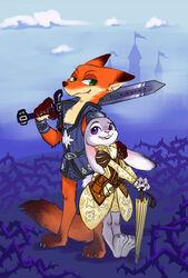  amber_(armello) anthro armello armor barefoot bracers buckteeth canid canine castle claws clothed clothing cosplay crossover crossover_cosplay disney duo fangs feet female fox fur green_eyes grey_body grey_fur hi_res judy_hopps lagomorph league_of_geeks leporid long_ears looking_back magical_jim male mammal melee_weapon nick_wilde orange_body orange_fur outside parasol purple_eyes rabbit red_fox scroll size_difference smile sword teeth thane_(armello) thorns toe_claws true_fox weapon white_body white_fur zootopia 