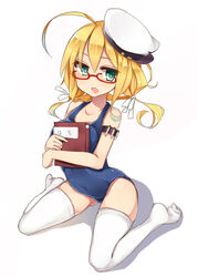  ahoge bad_id bad_pixiv_id blonde_hair book breasts female full_body glasses green_eyes hair_ribbon hat highres hukasikasi i-8_(kancolle) kantai_collection large_breasts no_shoes one-piece_swimsuit red-framed_eyewear ribbon school_swimsuit short_hair simple_background sitting solo swimsuit thighhighs wariza white_background white_thighhighs 