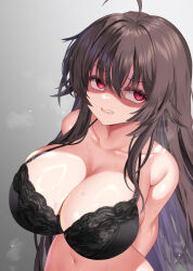  ahoge angry arm_behind_back bare_shoulders black_bra bra breasts brown_hair female grey_background hair_between_eyes highres iris_yuma large_breasts long_hair maze_yuri navel red_eyes simple_background solo soulworker underwear upper_body 