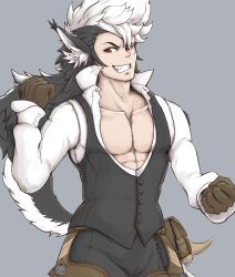  1boy animal_ears aristocratic_clothes black_hair fire_emblem fire_emblem_fates gloves highres keaton_(fire_emblem) kevcatk male_focus multicolored_hair pectoral_cleavage pectorals red_eyes scar solo tail two-tone_hair white_hair wolf_boy wolf_ears wolf_tail 