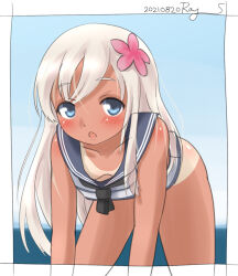  black_neckerchief blonde_hair blue_eyes blue_sailor_collar blue_sky blush border breasts collarbone commentary_request convenient_arm cropped_shirt dated downblouse female flower hair_between_eyes hair_flower hair_ornament kantai_collection leaning_forward neckerchief no_swimsuit ocean open_mouth outside_border pink_flower ray.s ro-500_(kancolle) sailor_collar shirt signature sky sleeveless sleeveless_shirt small_breasts solo tan tanlines white_border white_shirt 